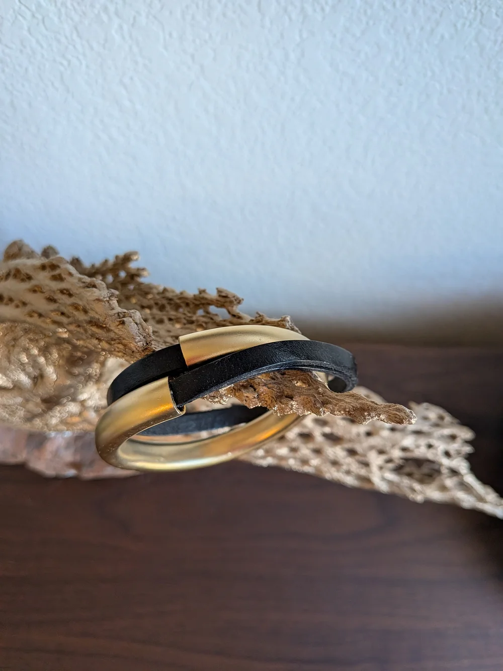 Women's Black Leather Bracelet with Gold Accent